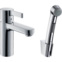 Смеситель для раковины hansgrohe Metris S 90 без сливного гарнитура, с гигиеническим душем, хром