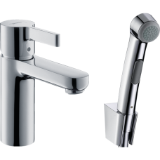 Смеситель для раковины hansgrohe Metris S 90 без сливного гарнитура, с гигиеническим душем 31160000, хром