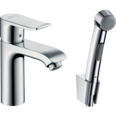 Смеситель для раковины hansgrohe Metris 110 со сливным гарнитуром и гигиеническим душем 31285000, хром