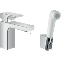 Смеситель для раковины hansgrohe Vernis Shape 100 без сливного гарнитура, с гигиеническим душем, хром