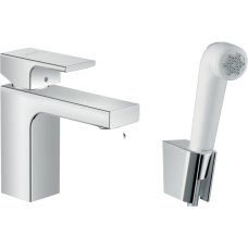 Смеситель для раковины hansgrohe Vernis Shape 100 без сливного гарнитура, с гигиеническим душем 71216000, хром