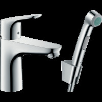 Смеситель для раковины hansgrohe Focus 100 со сливным гарнитуром и гигиеническим душем 31927000/U, хром, уцененный товар