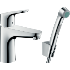 Смеситель для раковины hansgrohe Focus 100 со сливным гарнитуром и гигиеническим душем 31927000-DP, хром (ПОВРЕЖДЕНА УПАКОВКА)