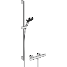 Душевой набор hansgrohe Pulsify Select S 105 3jet Relaxation EcoSmart с термостатом Ecostat Element и душевой штангой 90 см, 24271000, хром