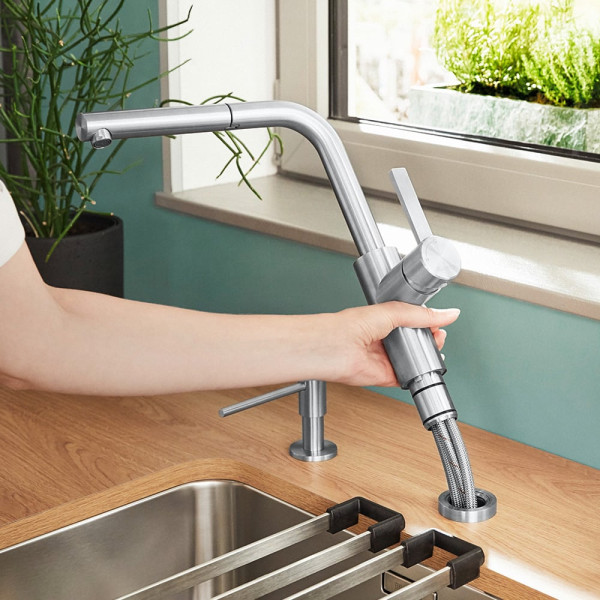 Blanco Lanora Kuchenarmatur, ausziehbar, schwenkbar, fur Vorfenstermontage edelstahl geburstet